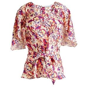Paco Rabanne Sunny Pansy Print Cape-sleeve Satin top